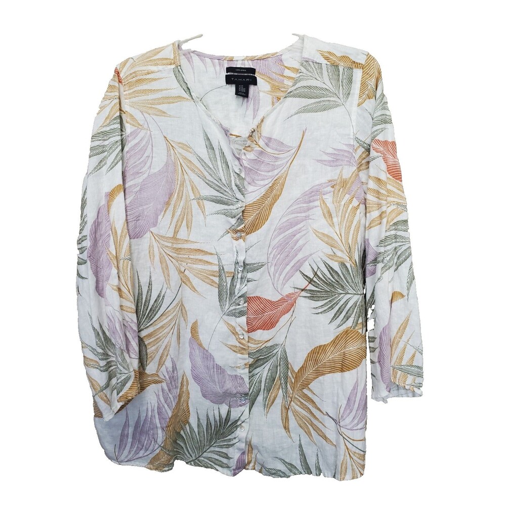 Tahari 100% Linen Tropical Leaf Print Roll-Tab Sleeve Button-Up Tunic Size 3X